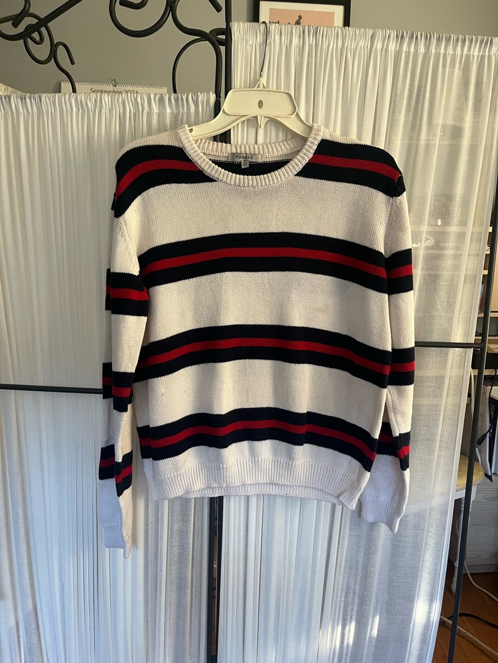 Papaya Preppy Crewneck Sweater with Navy and Red Stripes - Size M